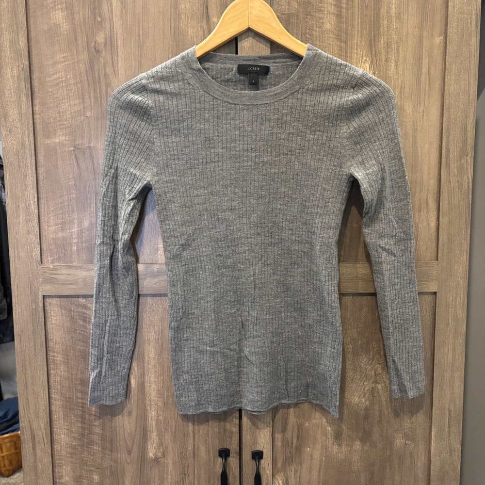 J.Crew Sweater Thin Knit Gray Merino Wool Ribbed Long Sleeve Crew Neck Small